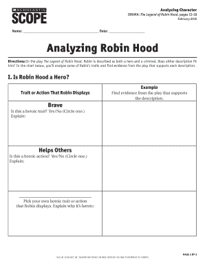 Analyzing Robin Hood Character Worksheet
