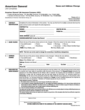 American General Life Insurance Name and Address Change Form