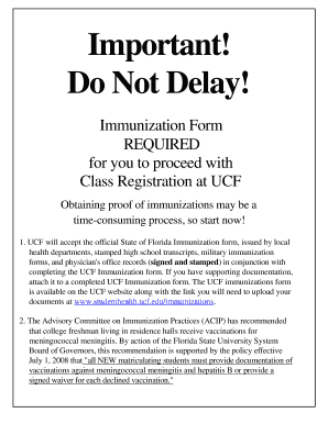 UCF Mandatory Immunization Health History Form