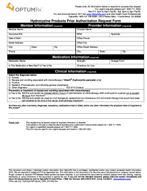 Hydroxyzine Products Prior Authorization Request Form