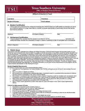 TEACH Grant Affidavit of Intention to Teach