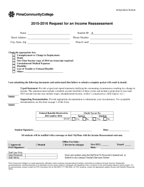 2015-2016 Request for an Income Reassessment Independent - pima