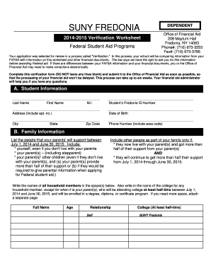 SUNY Fredonia Dependent Verification Worksheet