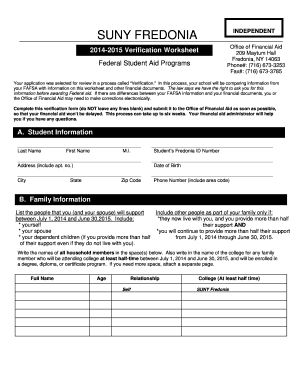 SUNY Fredonia 2014-2015 Verification Worksheet