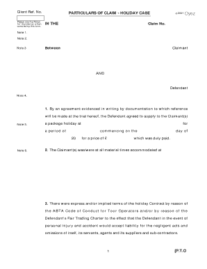 Particulars of Claim - Holiday Case