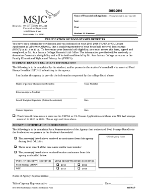 2015-2016 Food Stamps Benefits Verification Form