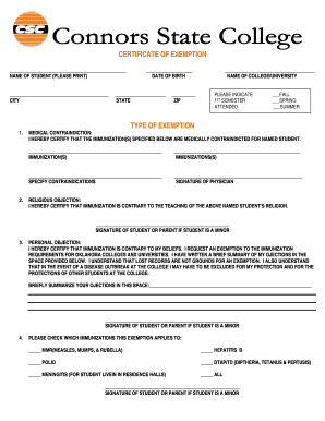 Certificate of Exemption for Immunizations