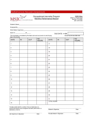 Monthly Performance Record Timesheet