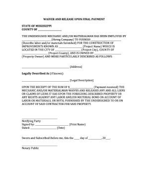 Mississippi Mechanic's Lien Waiver and Release