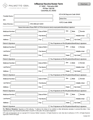 Influenza and Pneumococcal Vaccine Roster Form