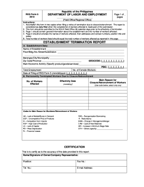 Philippines Establishment Termination Report