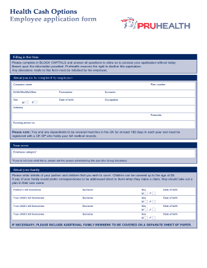 Health Cash Options Employee Application Form