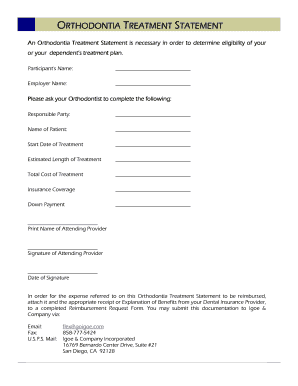Orthodontia Treatment Statement Form