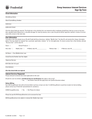 Prudential Group Insurance Internet Services Sign-Up Form