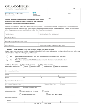 Blue Cross and/or Blue Shield Coordination of Benefits Form