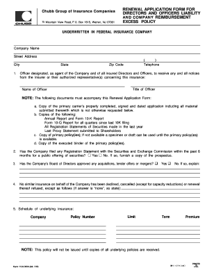 Chubb Directors and Officers Liability Renewal Application