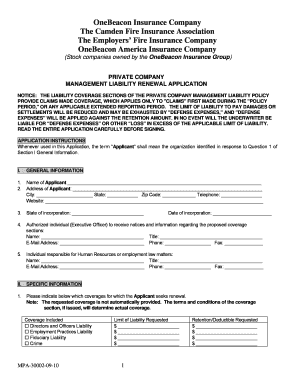 Private Company Management Liability Renewal Application