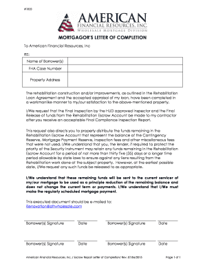 Mortgagor's Letter of Completion
