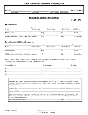 School Nurse Health Information Emergency Card