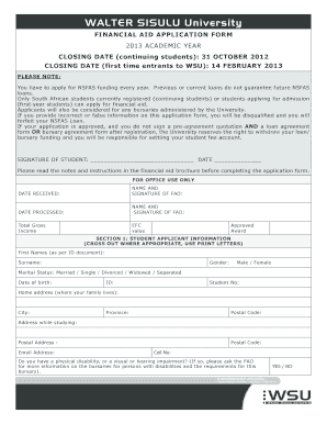 Walter Sisulu University Financial Aid Application Form