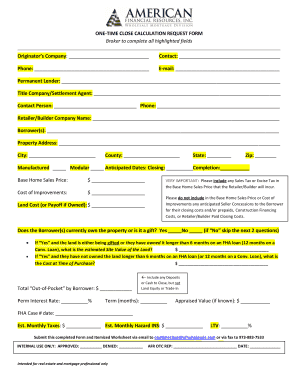 One-Time Close Calculation Request Form
