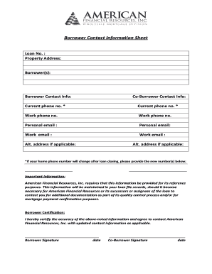 Borrower Contact Information Sheet