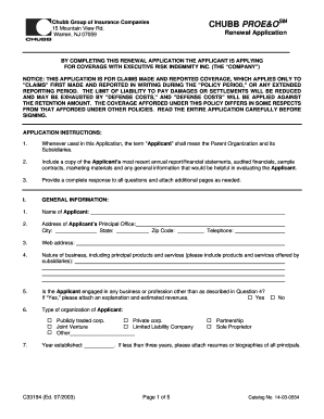 Chubb Executive Risk Indemnity Renewal Application