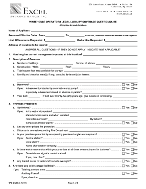 Warehouse Operators Legal Liability Coverage Questionnaire