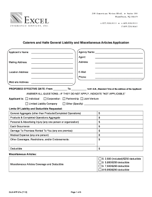 Caterers and Halls General Liability Application