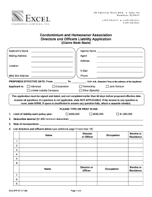 Condominium and Homeowner Association Directors and Officers Liability Application