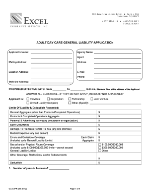 Adult Day Care General Liability Application