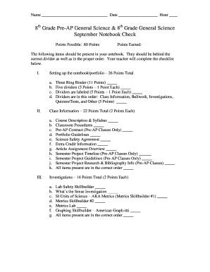 8th Grade Science Notebook Check