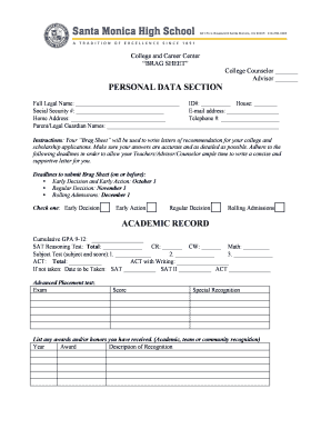Brag Sheet for College Applications