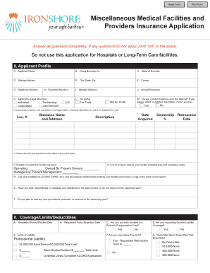 Miscellaneous Medical Facilities and Providers Insurance Application