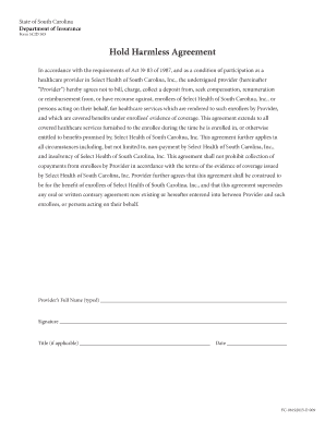 Printable hold harmless agreement form - Hold Harmless Agreement - Providers - Select Health of South Carolina Hold Harmless Agreement