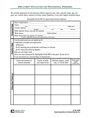 Employment Application for Professional Personnel