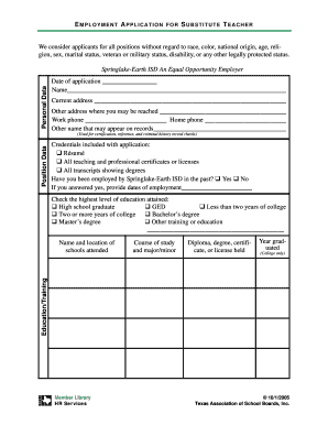 Employment Application for Substitute Teacher