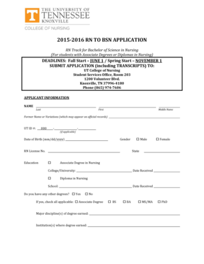 Fillable Online Nursing Utk 2015 2016 Rn To Bsn Application