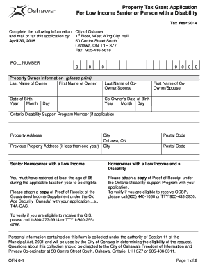 Property Tax Grant Application for Low Income Seniors or Disabled Persons