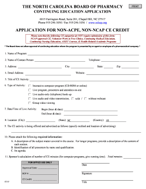 North Carolina Board of Pharmacy Continuing Education Application