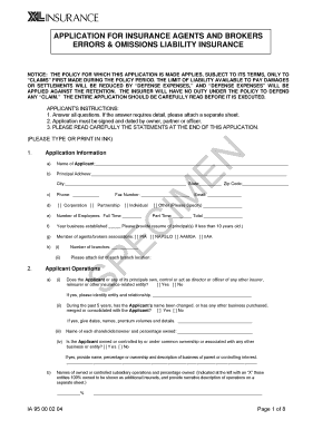 Application for Insurance Agents and Brokers Errors and Omissions Liability Insurance