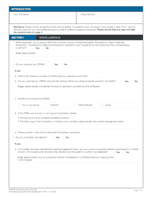 Anesthesiology Supplemental Questionnaire