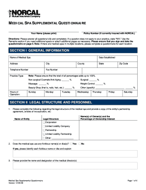 Medical Spa Supplemental Questionnaire
