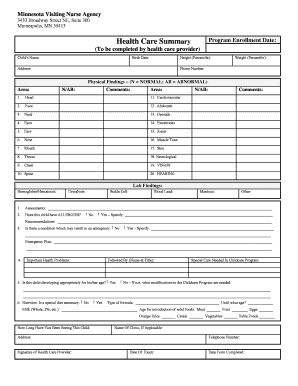 Minnesota Child Health Care Summary Form