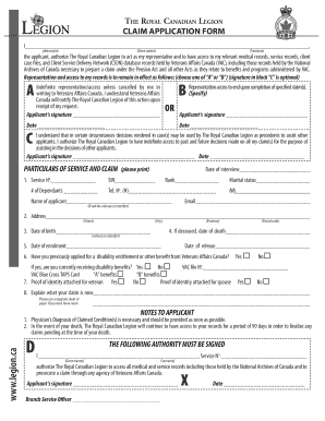 Royal Canadian Legion Claim Application Form
