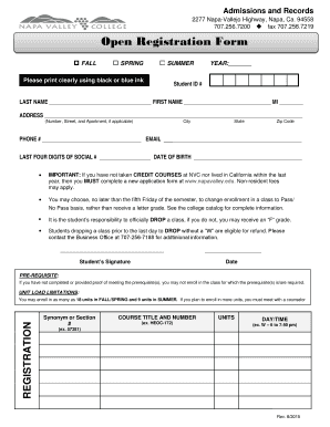 Napa Valley College Open Registration Form