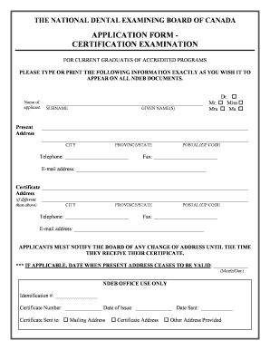 National Dental Examining Board of Canada Certification Exam Application