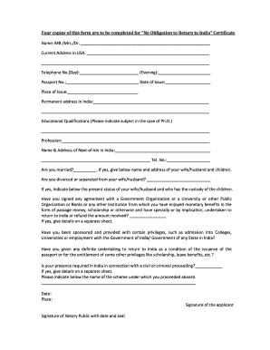 No Obligation to Return to India Certificate
