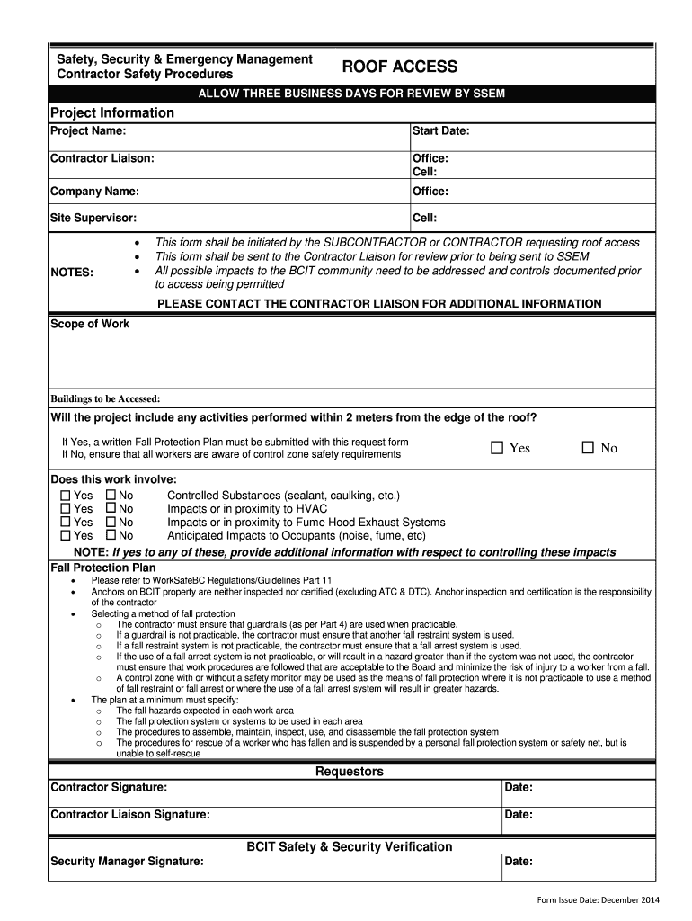 Fillable Online bcit Safety Security Emergency Management ROOF ACCESS