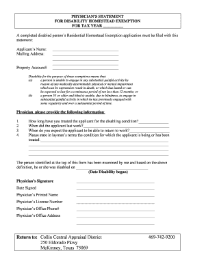 Physician's Statement for Disability Homestead Exemption